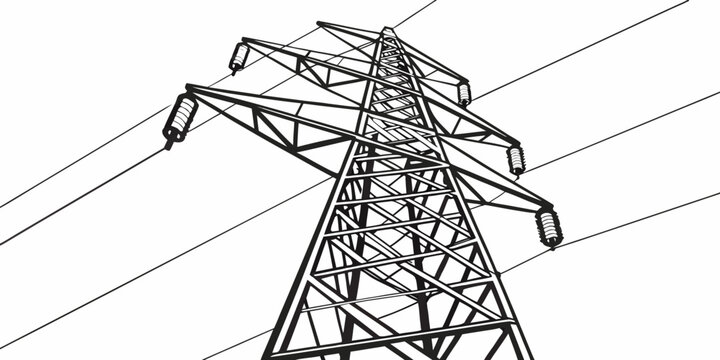 High voltage electricity pylon low angle view line drawing with electricity transmission infrastructure industrial electrical illustration construction technology structure