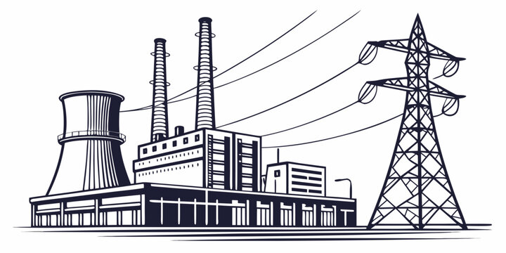 Industrial power plant with smoke stacks and high voltage transmission towers sketch industrial electricity transmission infrastructure electric generation illustration
