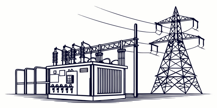 Electrical transmission tower and power substation equipment line art with substation electricity transmission electrical infrastructure industrial transformer distribution