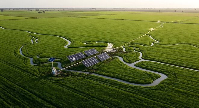 High-angle shot of solar energy driving smart irrigation across vast farmlands. Representing innovative green industrialization and sustainable food production for Africa Industrialization Day