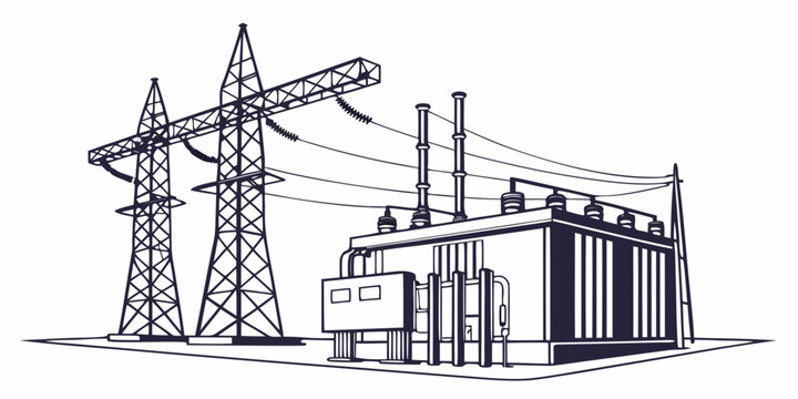 Electrical substation with power transmission towers and high voltage equipment drawing substation electrical transmission electricity transformer infrastructure electric