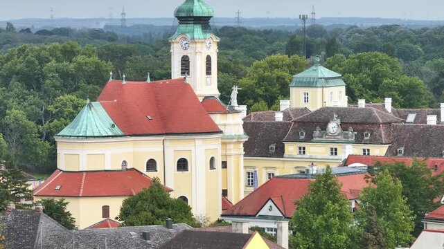 Aerial view of Catholic church in Laxenburg Austria.