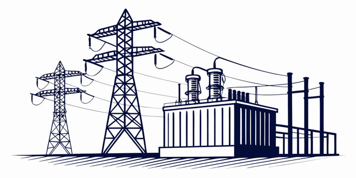 High voltage electrical substation and transmission line tower sketch with substation electricity transmission electrical infrastructure industrial distribution engineering