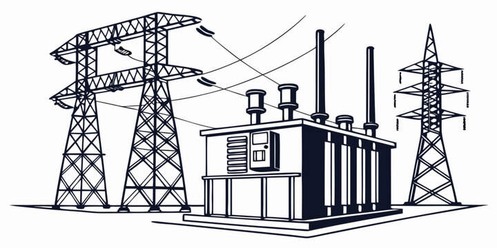 Electrical transformer substation with high voltage power transmission towers substation transformer electricity transmission electrical infrastructure industrial industry