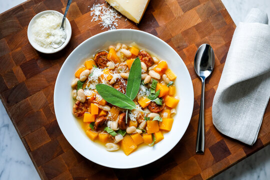 White bean butternut squash and sausage stew
