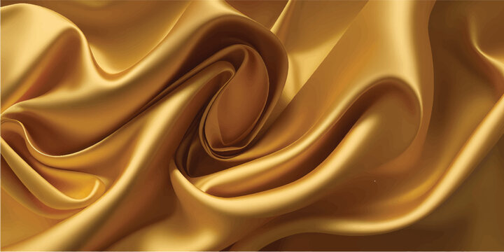 Abstract golden silk background with smooth flowing satin fabric texture featuring luxury shiny waves and soft liquid swirls for a decorative textile pattern wallpaper design