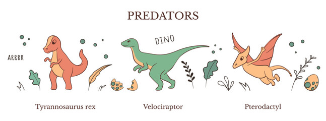 Cartoon dinosaur predators set in doodle style. Vector illustration of Tyrannosaurus rex, Velociraptor and Pterodactyl with decorative elements, isolated on white for kids education, books and design. © Gulsim