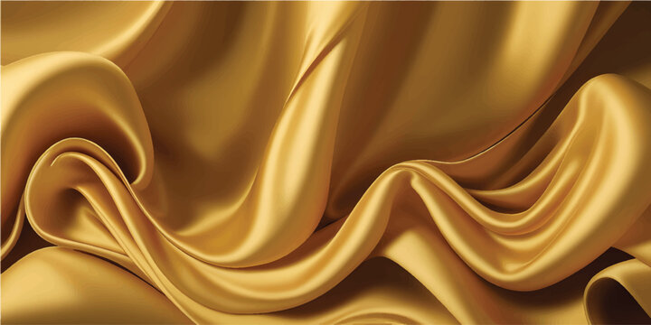 A flowing abstract golden background features a smooth liquid wave texture with soft silk swirls and elegant satin curves for a luxury textile design
