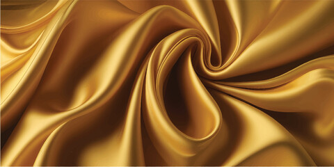 Fototapeta premium A luxurious gold silk fabric texture with soft flowing waves and a smooth shiny satin drapery design creates a golden decorative backdrop