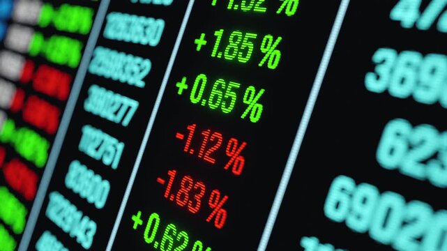 Close-up stock market screen with market data, trading volume, prices and percentage changes. Investment strategy, analyzing, data spreadsheet, financial figures, trading board, exchange information.