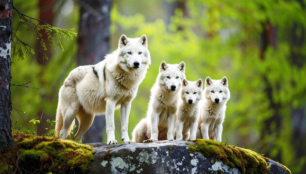 Arctic wolf (Canis lupus arctos) family on a rock in the forest, spring.  AI