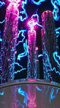 Industrial styled pylons radiating intense magenta and cyan energy flows, Energetic electric towers adorned with luminous plasma streams and vibrant color pulses in industrial setting