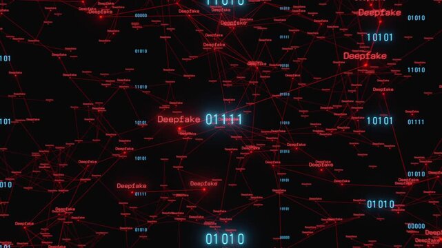 Deepfake, fake identity, red plexus connections with blue binary code, computer crime. Altered, fabricated, or falsified identity or information, manipulation.