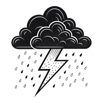 Stormy weather with dark clouds, rain drops and lightning bolt, monochrome illustration.