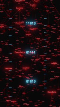 Deepfake, fake identity, red plexus connections with blue binary code, computer crime. Altered, fabricated, or falsified identity or information, manipulation.