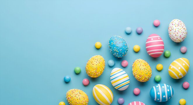 Colorful easter eggs and small round candies arranged on a solid light blue background