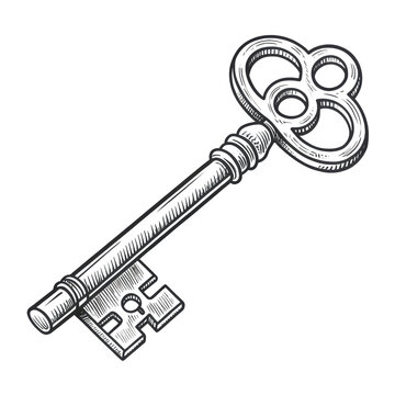 Vintage skeleton key illustration with ornate handle design isolated on transparent layer.