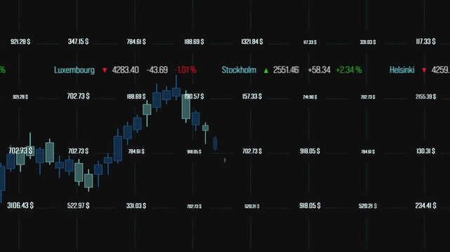 Stock market data grid, chart up and down, ticker board. Investment, trading, growth, stock market and exchange information, business.