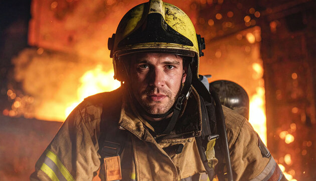 Powerful portrait of a brave firefighter facing a raging inferno. His sootstreaked face shows heroic determination, capturing the grit of emergency response and selfless service.