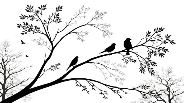 Birds on tree branches, silhouette illustration on gray checkered background, nature scene.
