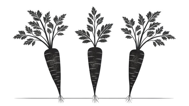 Hand drawn carrot vegetables with green leaves set of three isolated roots on transparent.