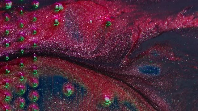 Dye leaking. Digital hardware. Defocused red purple blue colorful sparkling water round glitter microchip texture on abstract background.