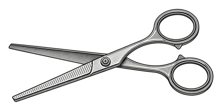 Professional hair thinning scissors illustration in woodcut style with serrated blade edge.