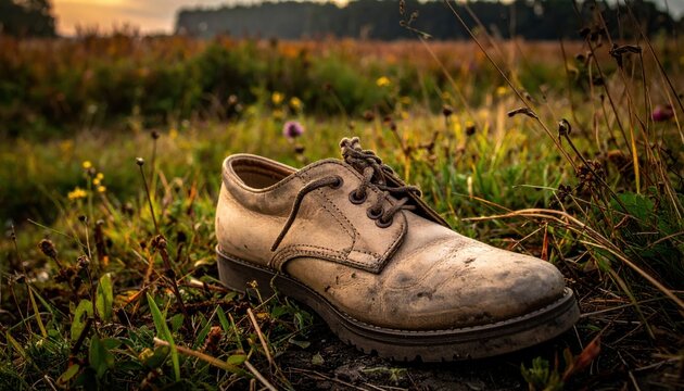 A solitary, mud-stained leather shoe with untied laces rests on the grassy ground in a rural field.