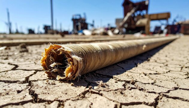 Tattered synthetic material roll, aged and worn with exposed fibers lying on dry cracked earth, outdoor industrial setting.