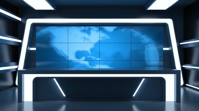 Modern news studio backdrop with digital globe display and blue tones