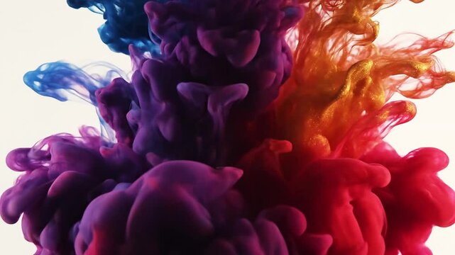 Vibrant colorful ink plumes expanding and mixing in water, creating an abstract and dynamic artistic background.