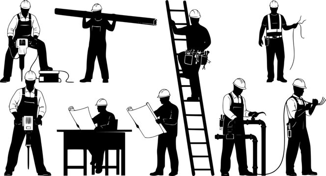 Flat vector illustration of various construction workers and tradesmen silhouettes in hard hats performing tasks like, isolated on white background
