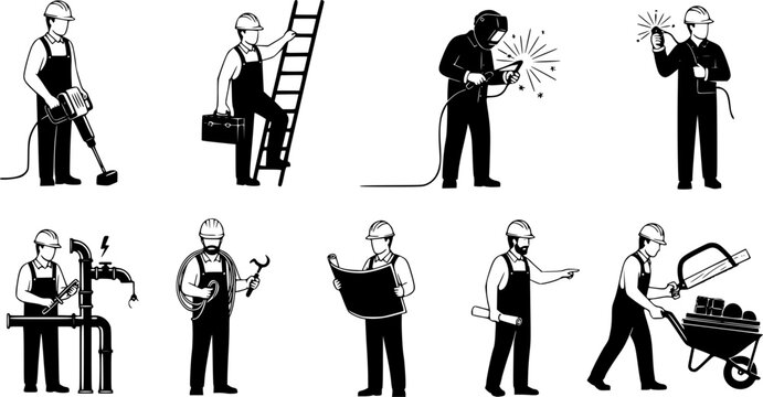 Flat vector illustration of various construction workers and tradesmen silhouettes in hard hats performing tasks like, isolated on white background
