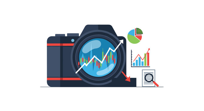 Professional black DSLR camera features a colorful financial candlestick chart reflected in its lens alongside various rising business graphs and charts.
