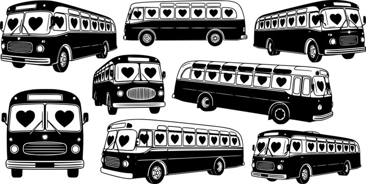 Black silhouette vintage buses with heart shaped windows, a charming collection symbolizing romantic travel and loving, isolated on white background
