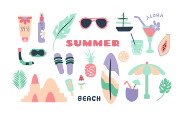 Vector summer beach elements with tropical cocktails,sunglasses and surfboard on white background © elena
