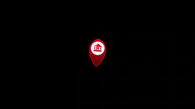 Animated icon of a bank pin on a map on dark background