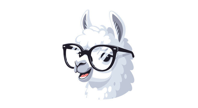 A charming and intelligent white llama wearing large black rimmed glasses smiles cheerfully in a clean portrait style against a bright white background.