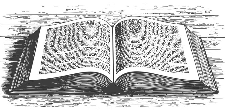 Vintage etched style open book with text pages vector illustration