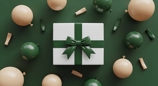 Overhead shot of a white gift box with green ribbon, surrounded by balloons and confetti