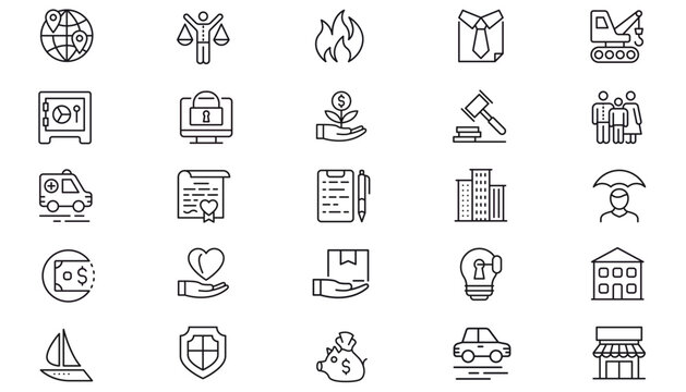 25 Minimalist Black Vector Icon Set Bundle featuring Business, Finance, Security, Construction, Healthcare, Law, Real Estate, Travel, and Logistics Symbols for Web, Apps, and Graphic Design Projects