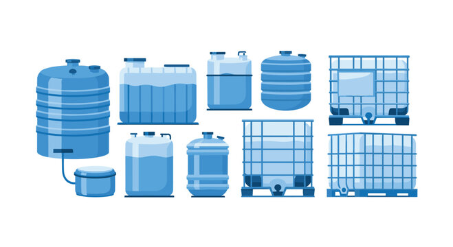 A diverse collection of blue industrial water storage containers including vertical tanks horizontal reservoirs and caged IBC totes is shown on plain white.