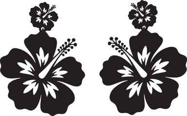 Obraz premium Black and white hibiscus flower icons, tropical floral silhouettes, vector graphics, 2 clip art illustrations