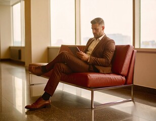 Fototapeta premium Confident executive in a brown suit uses a tablet on a red leather couch. This image represents modern leadership, connectivity, and professional success in a contemporary office space.