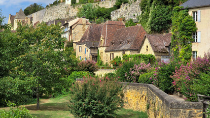 View to the village of Beynac-et-Cazenac, Dordogne, France with flowering shrubs from the river...