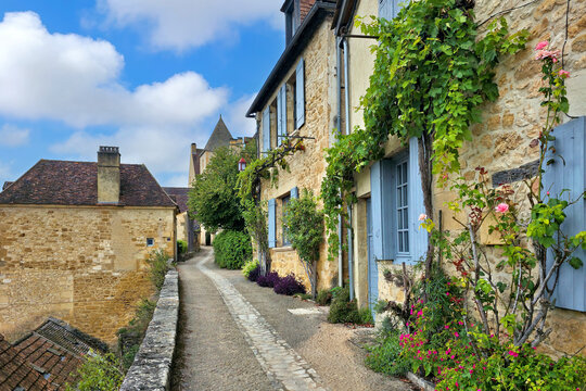 Beautiful cobblestone street in the village of Beynac-et-Cazenac, Dordogne, France with medieval stone houses, flowers and leafy climbing vines