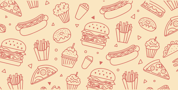 Seamless vector graphic pattern featuring various delicious fast food items and snacks