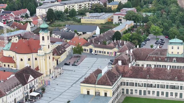 Aerial of Laxenburg church landmark Austria.