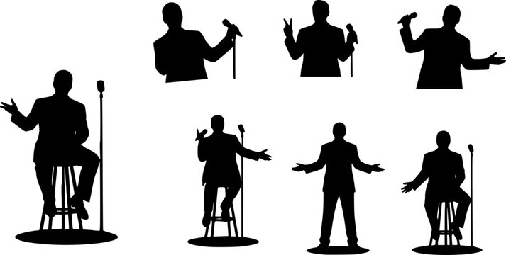 Silhouette performer with microphone, stand‑up comedy poses, public speaking gestures, seated and standing expressions, entertainment stage show illustration design artwork 
