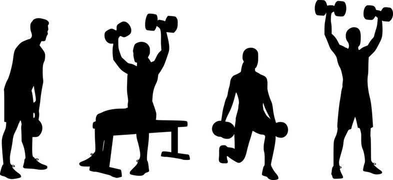 Four exercise silhouettes &mdash; kettlebell swing, seated dumbbell shoulder press, lunge with dumbbell, standing dumbbell shoulder press, fitness training illustration set See Less
